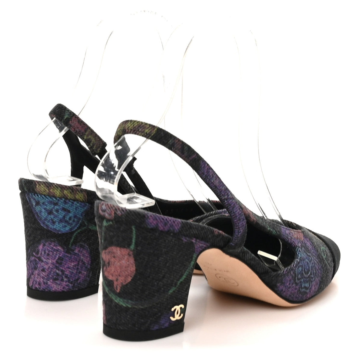 Chanel Denim Grosgrain Women's CC Slingback Pumps 37 Charcoal Multicolor