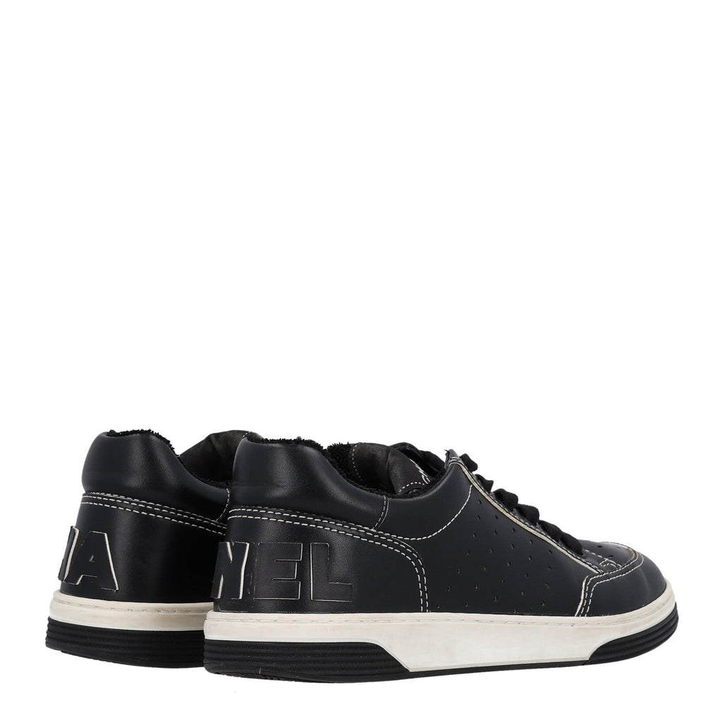 Chanel Calfskin Women's Logo Sneakers 38 Black White