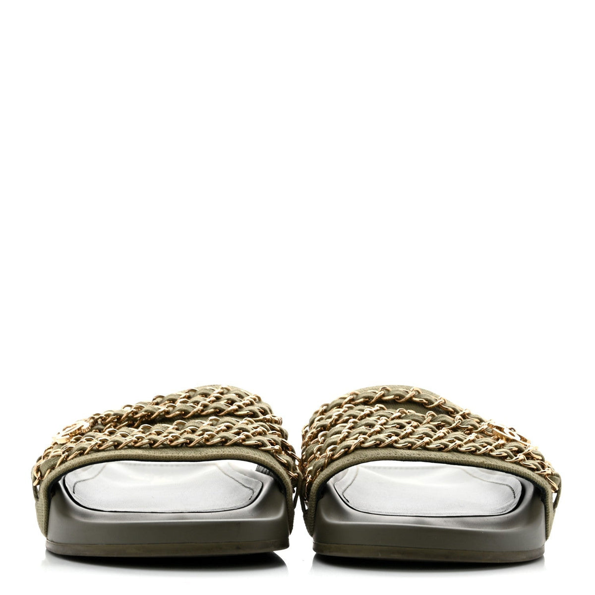 Chanel Canvas Women's Chain Flat Sandals 38 Khaki