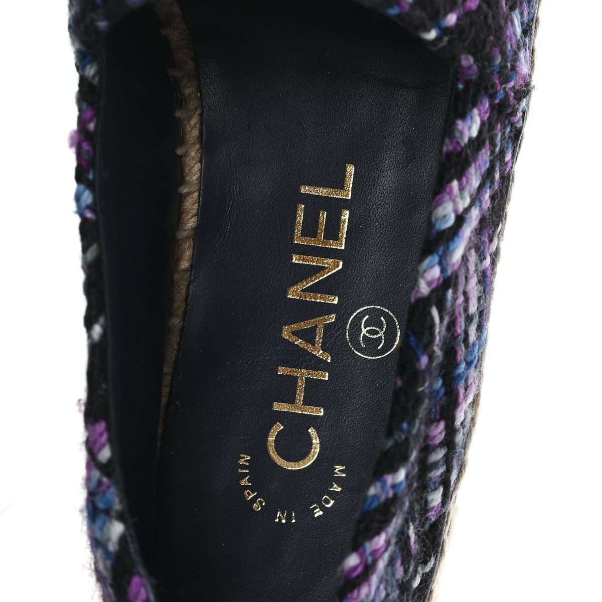Chanel Tweed Grosgrain Women's CC Espadrilles 35 Purple Black Navy