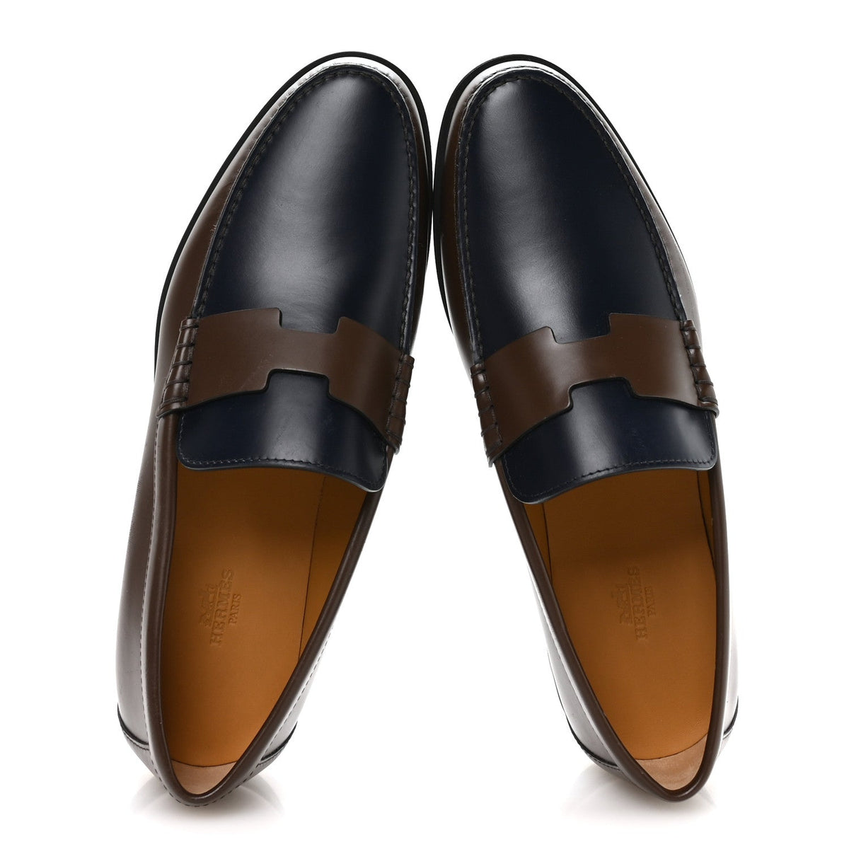 Hermès Calfskin Men's Duke Loafers 42 Marron Ébène Marine