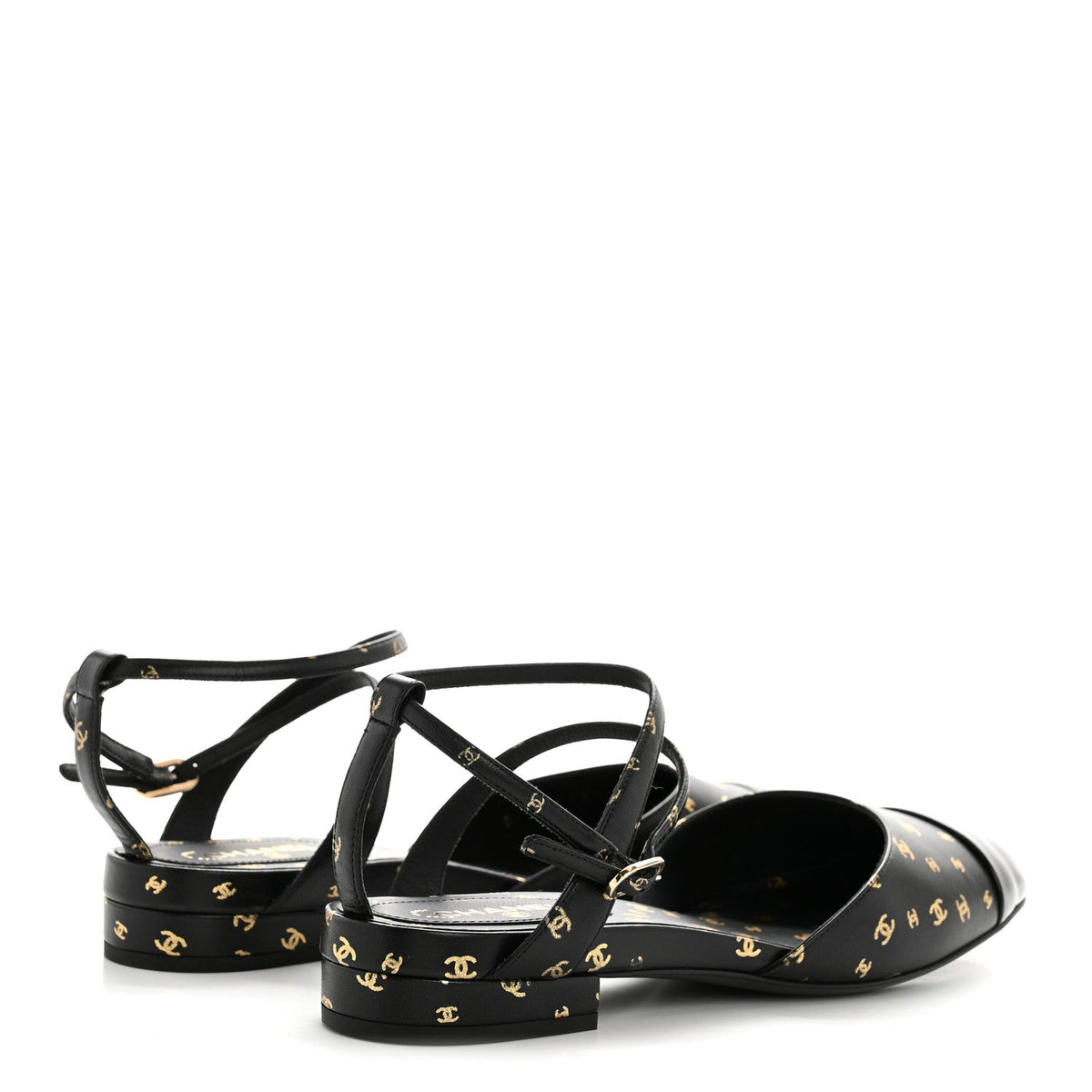 Chanel Lambskin Patent Calfskin Women's Cap Toe CC Slingbacks 36.5 Black Gold