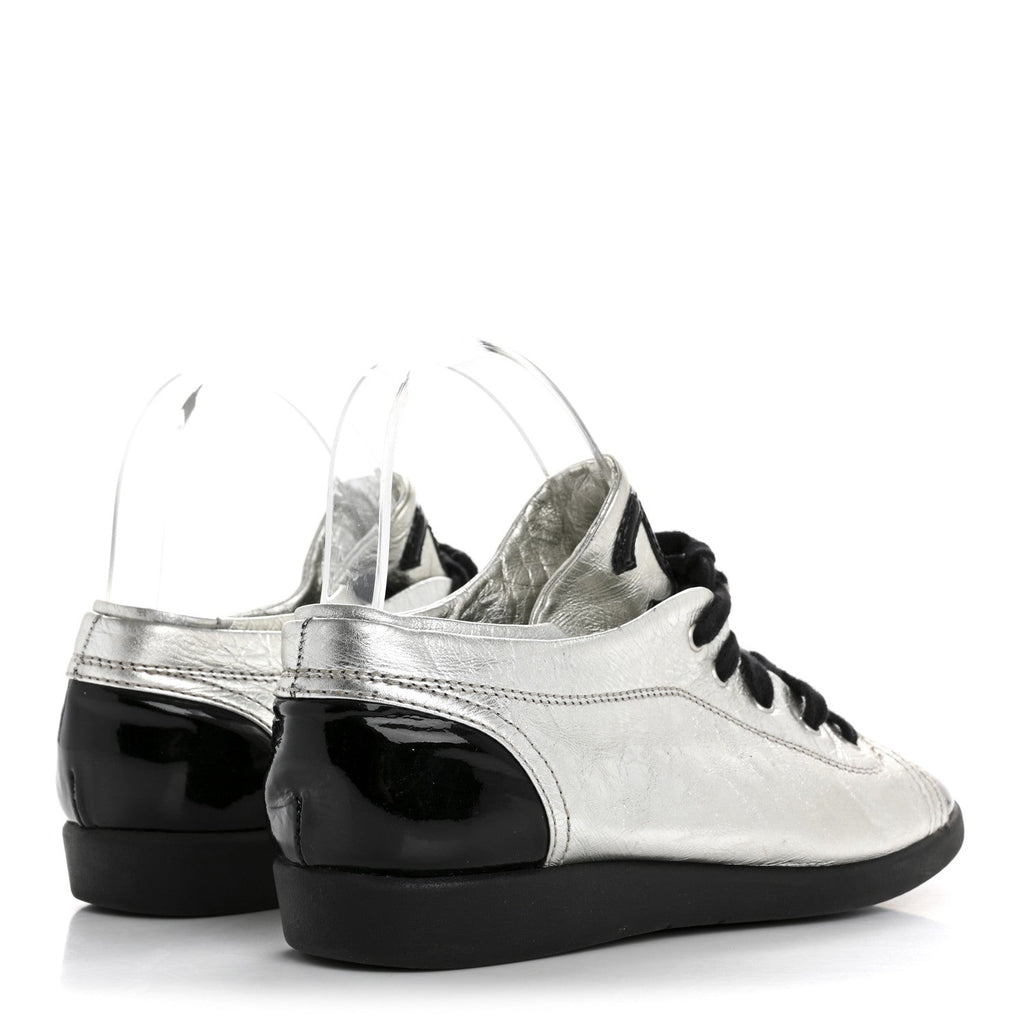 Chanel Metallic Lambskin Patent Cap Toe CC Women's Sneakers Silver Black
