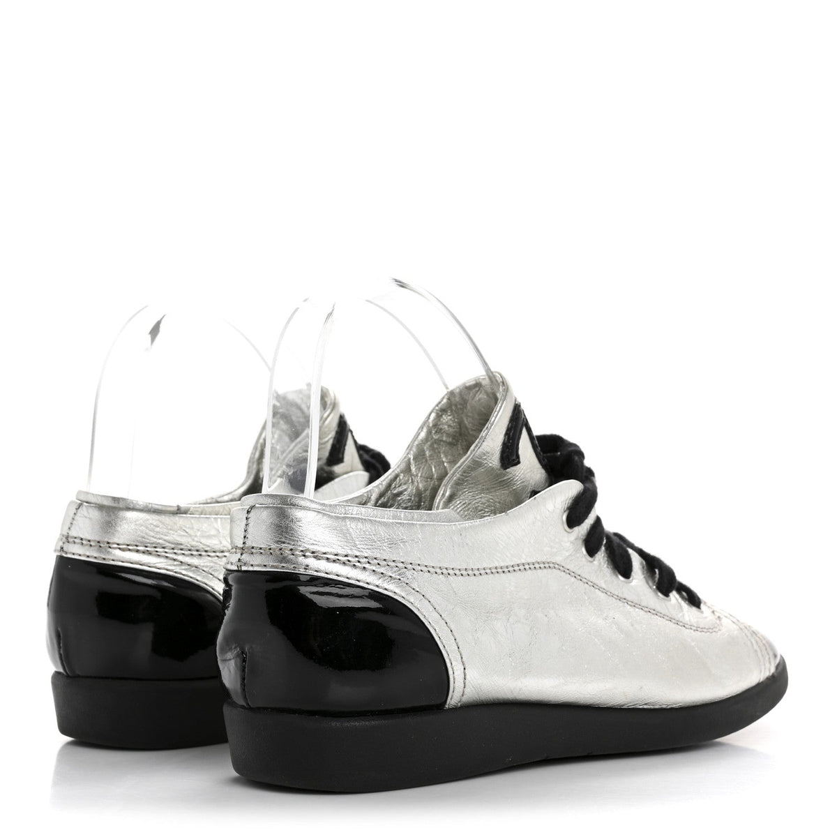 Chanel Metallic Lambskin Patent Cap Toe CC Women's Sneakers Silver Black