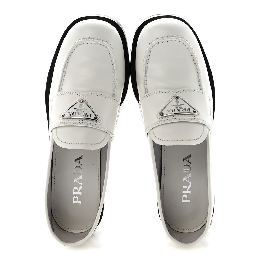 Prada Spazzolato Women's Triangle Logo 20mm Loafers 35 White