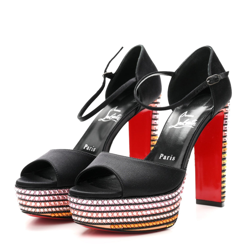 Christian Louboutin Satin Strass Women's Sandaloo Aftersun 130 Sandals 38 Black Multicolor