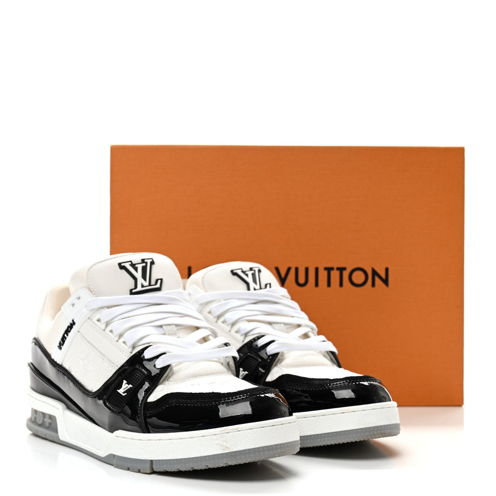 Louis Vuitton Calfskin Patent Men's LV Trainer Sneakers 9 White Black