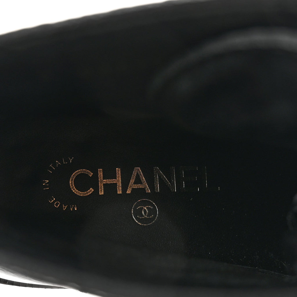 Chanel Shiny Calfskin Velvet Pearl Women's Combat Short Boots 38.5 Black