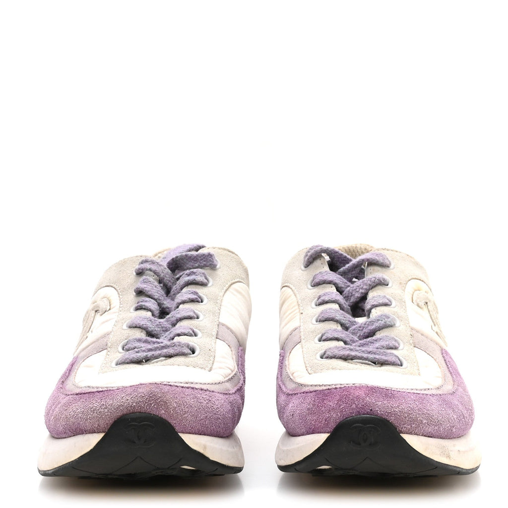 Chanel Nylon Calfskin Suede CC Women's Sneakers 36 White Light Grey Purple
