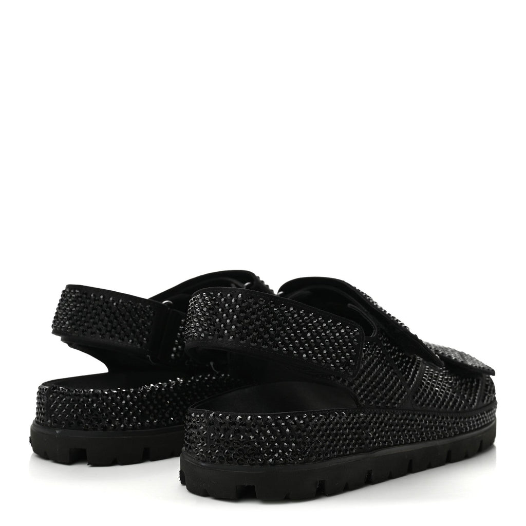 Prada Satin Crystal Women's Logo Velcro Sandals 37.5 Black