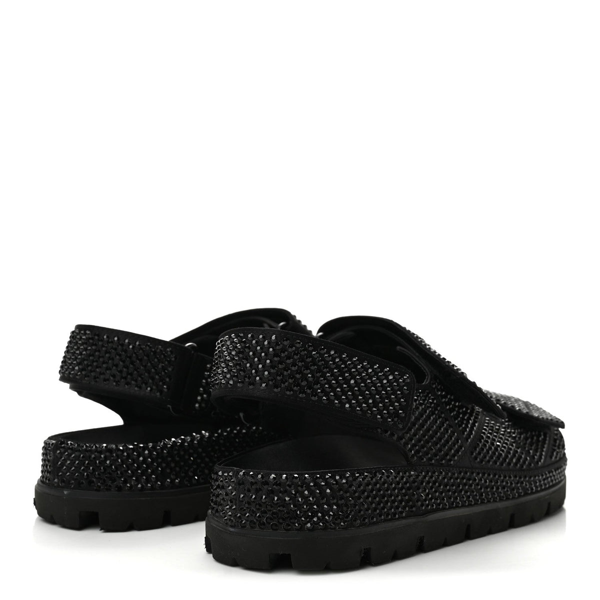 Prada Satin Crystal Women's Logo Velcro Sandals 37.5 Black