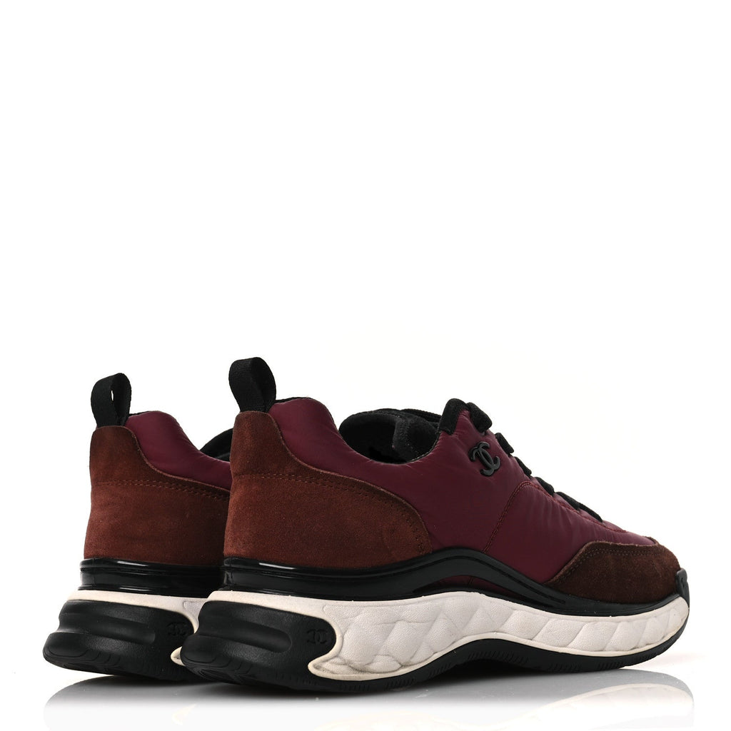 Chanel Nylon Suede Calfskin Women's CC Sneakers 38 Burgundy Brown
