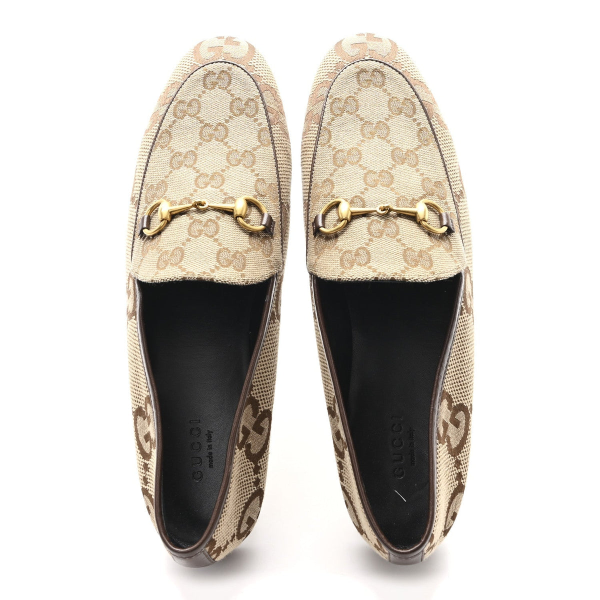 Gucci Monogram Jumbo GG Women's Horsebit Jordaan Loafers 40.5 Camel Ebony Beige