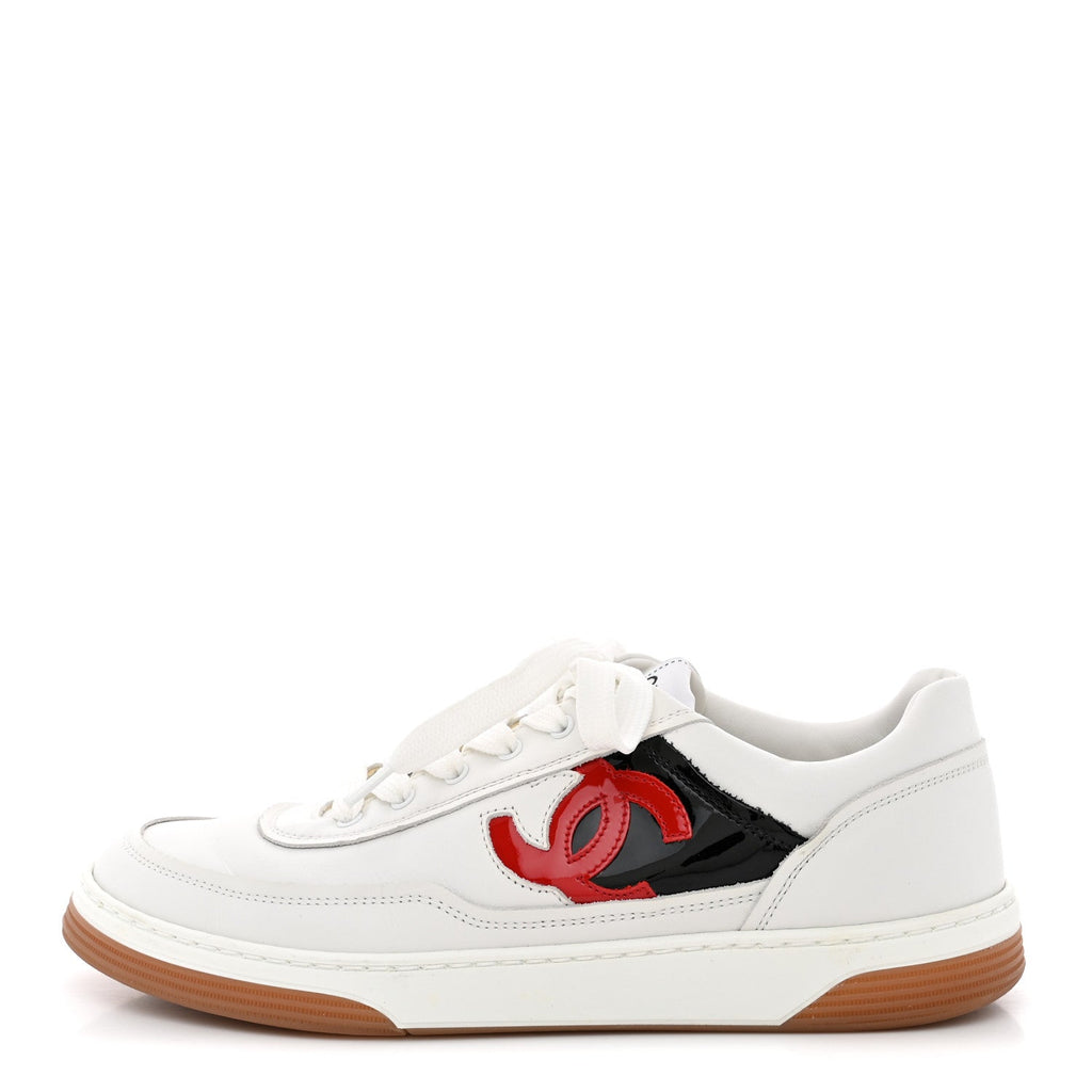 Chanel Calfskin Patent Women's CC Sneakers 38 White Black Red