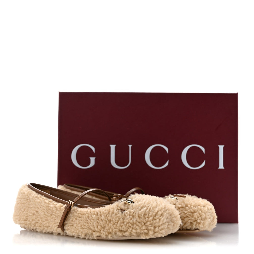 Gucci Shearling Women's Horsebit Ballet Flats 38.5 Beige