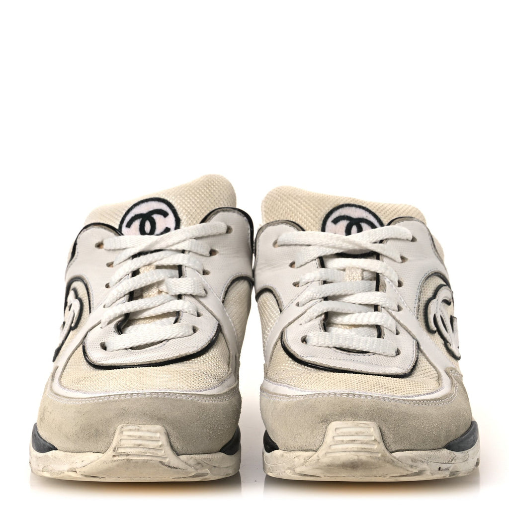 Chanel Mesh Suede Calfskin Women's CC Sneakers 37.5 White Black