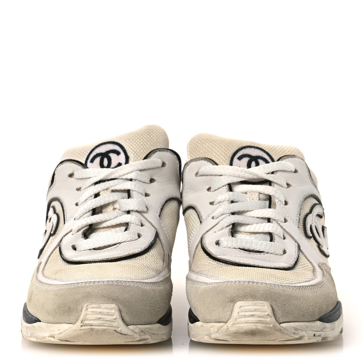 Chanel Mesh Suede Calfskin Women's CC Sneakers 37.5 White Black