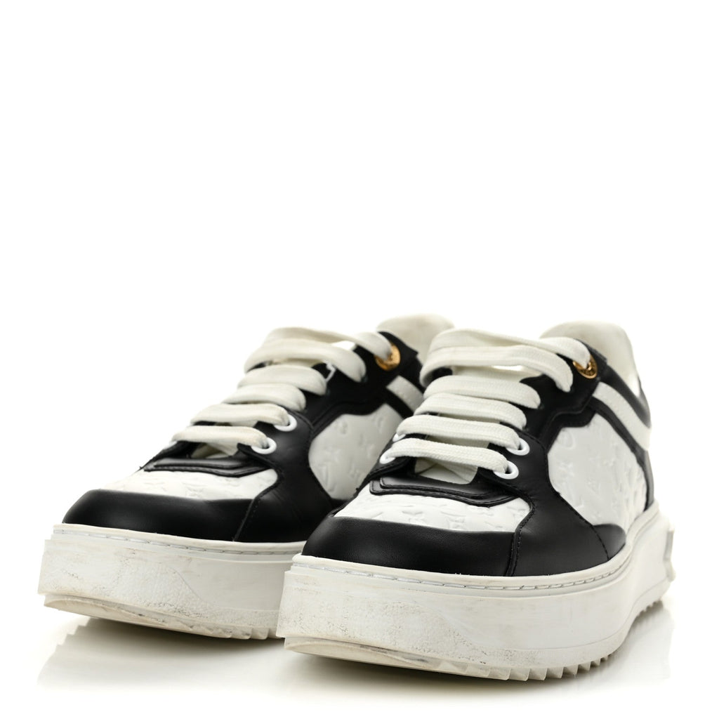 Louis Vuitton Monogram Embossed Calfskin Women's Time Out Sneakers 37 White Black