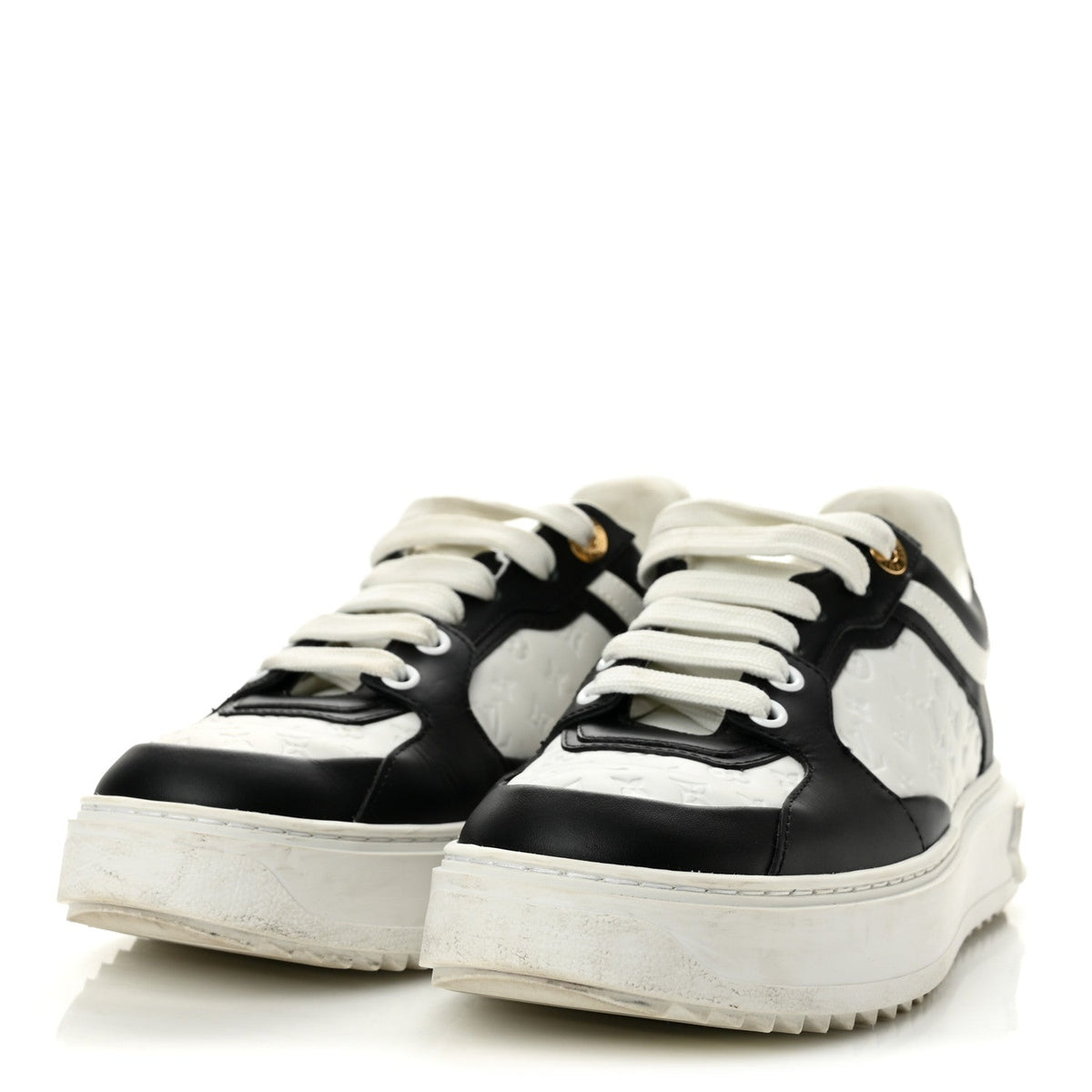 Louis Vuitton Monogram Embossed Calfskin Women's Time Out Sneakers 37 White Black