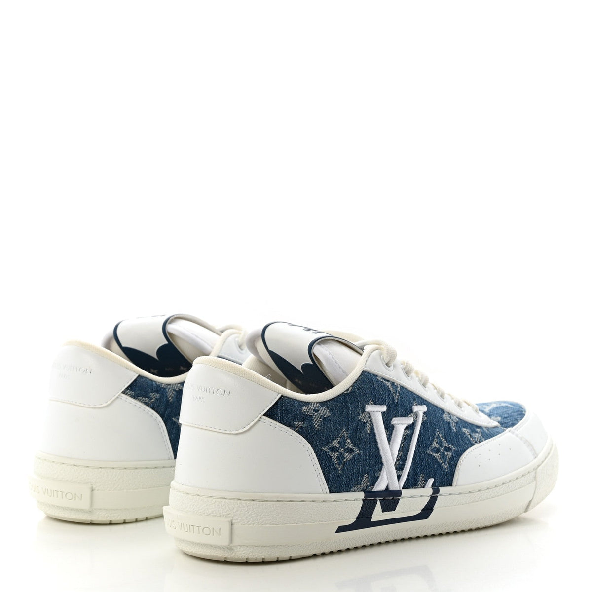 Louis Vuitton Calfskin Monogram Denim Women's Charlie Sneakers 40 White Blue