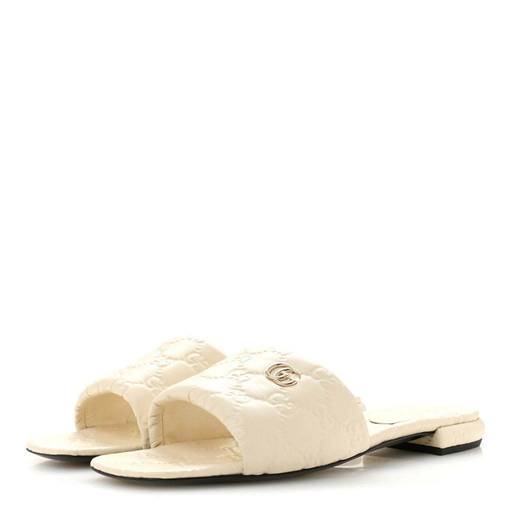 Gucci Nappa Women's Double GG Flat Slide Sandals 38.5 New Ivoire