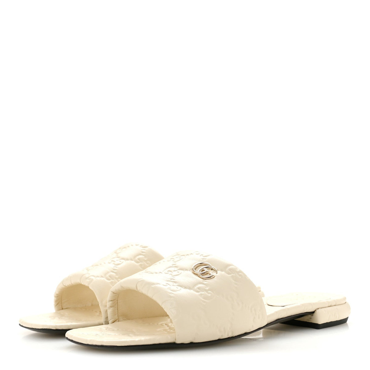 Gucci Nappa Women's Double GG Flat Slide Sandals 38.5 New Ivoire