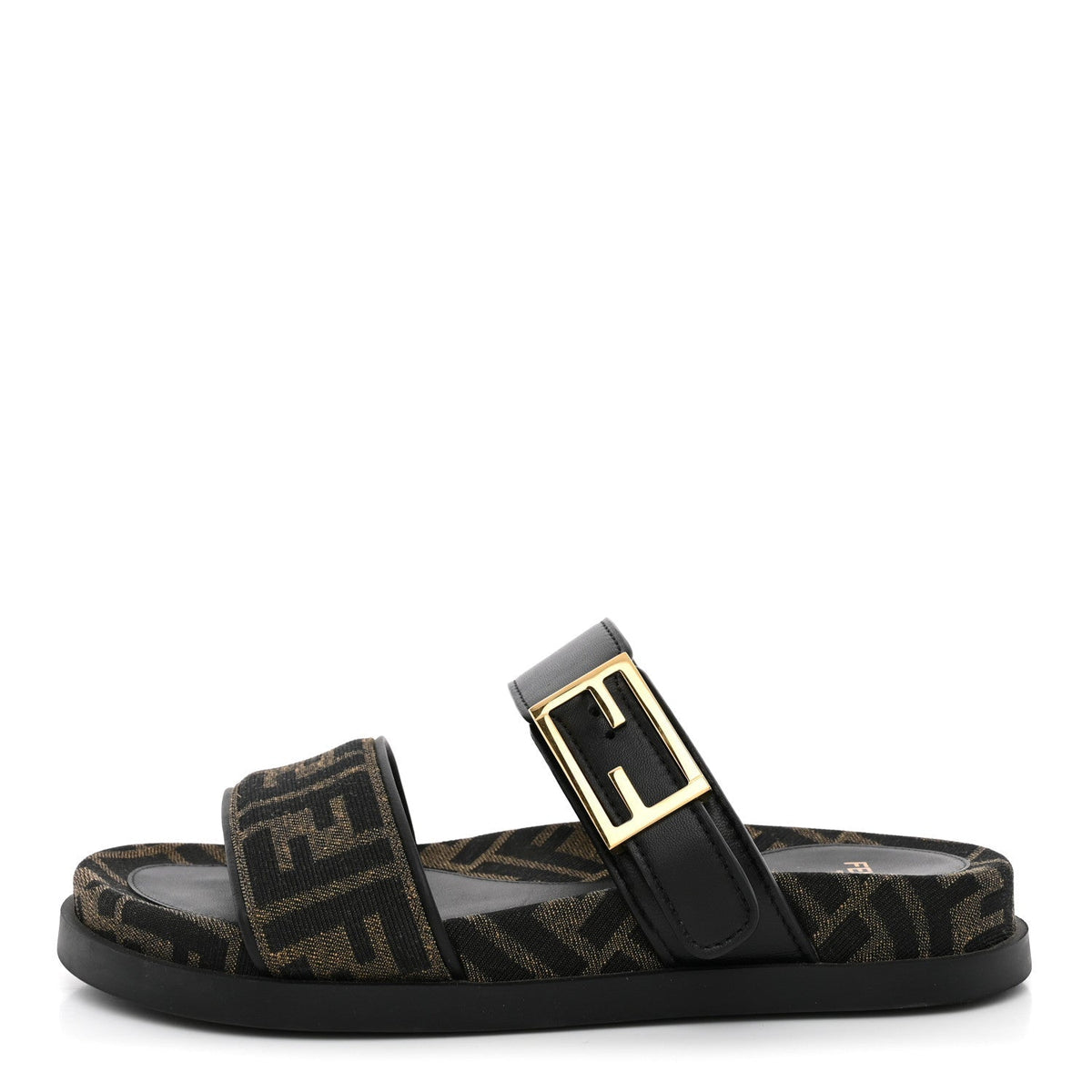 Fendi Fabric Jacquard Nappa FF Women's Feel Buckled Slide Sandals 37 Tobacco Black