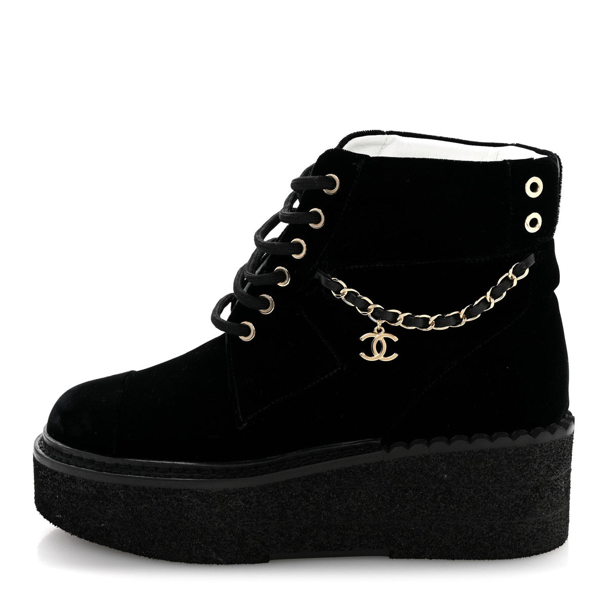 Chanel Velvet Women's Chain Lace Up CC Short Boots 35.5 Black