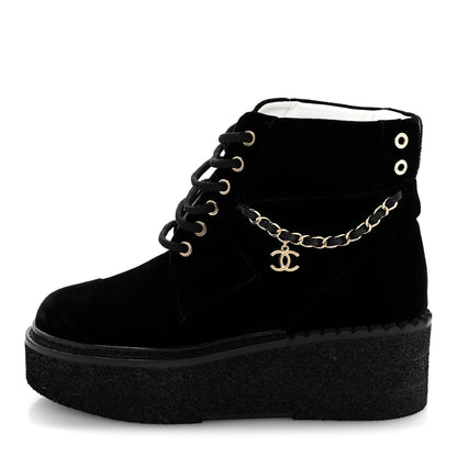 Chanel Velvet Women's Chain Lace Up CC Short Boots 35.5 Black
