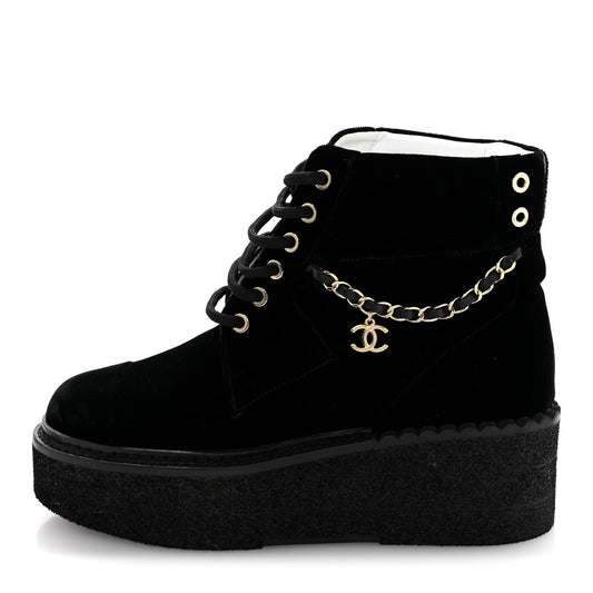 Chanel Velvet Women's Chain Lace Up CC Short Boots 35.5 Black