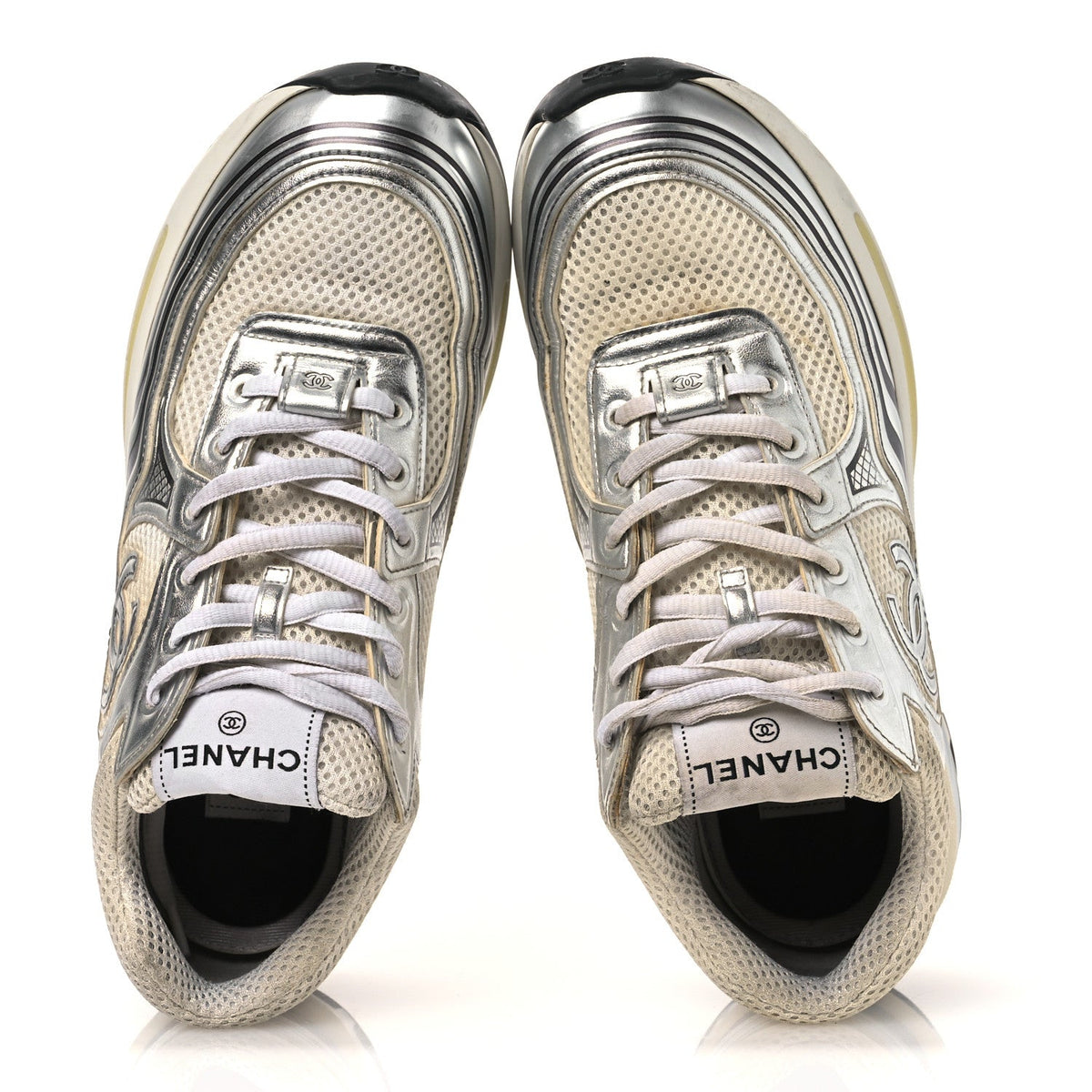 Chanel Fabric Laminated Calfskin Stretch Women's CC Sneakers 38.5 White Silver