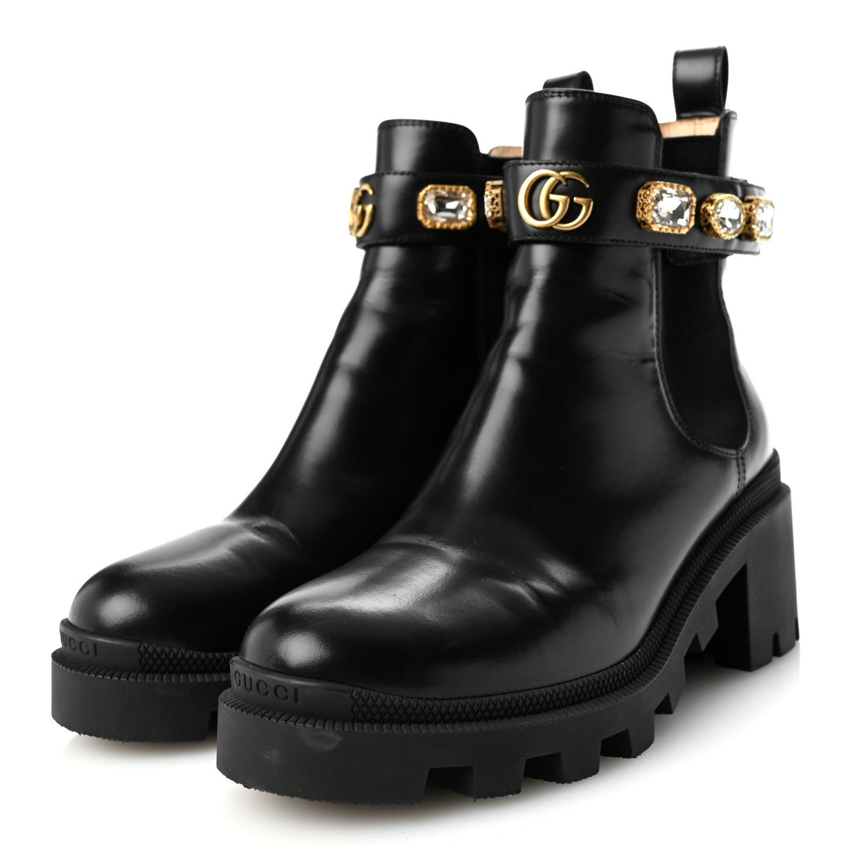 Gucci Calfskin Crystal GG Women's Trip Chelsea Boots 36.5 Black