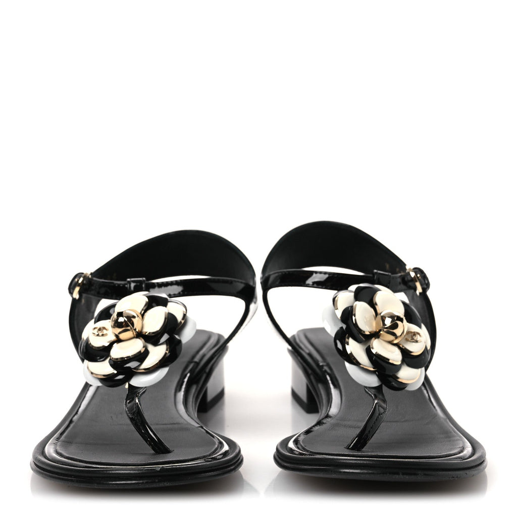 Chanel Patent Calfskin Women's Camellia Thong Sandals 37 Black White