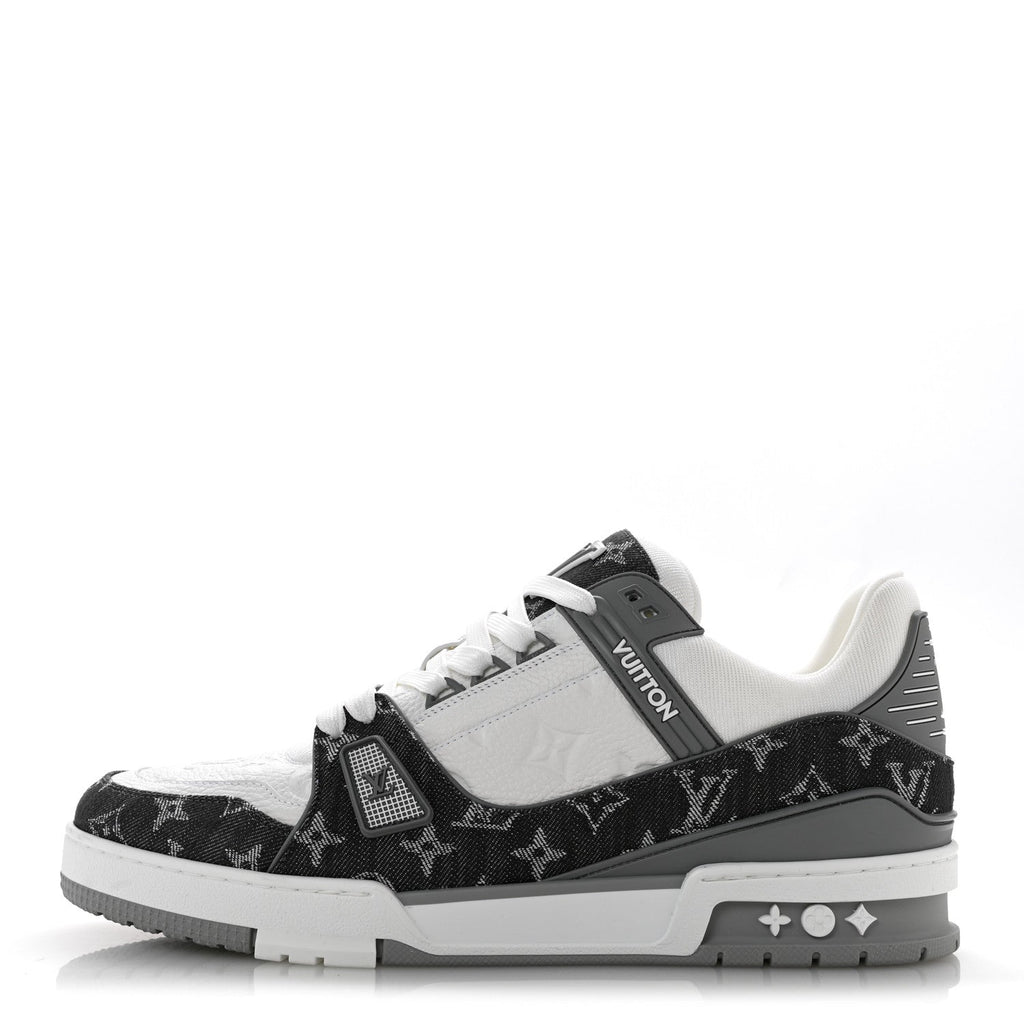 Louis Vuitton Calfskin Embossed Monogram Denim Men's LV Trainer Sneakers 10 Grey