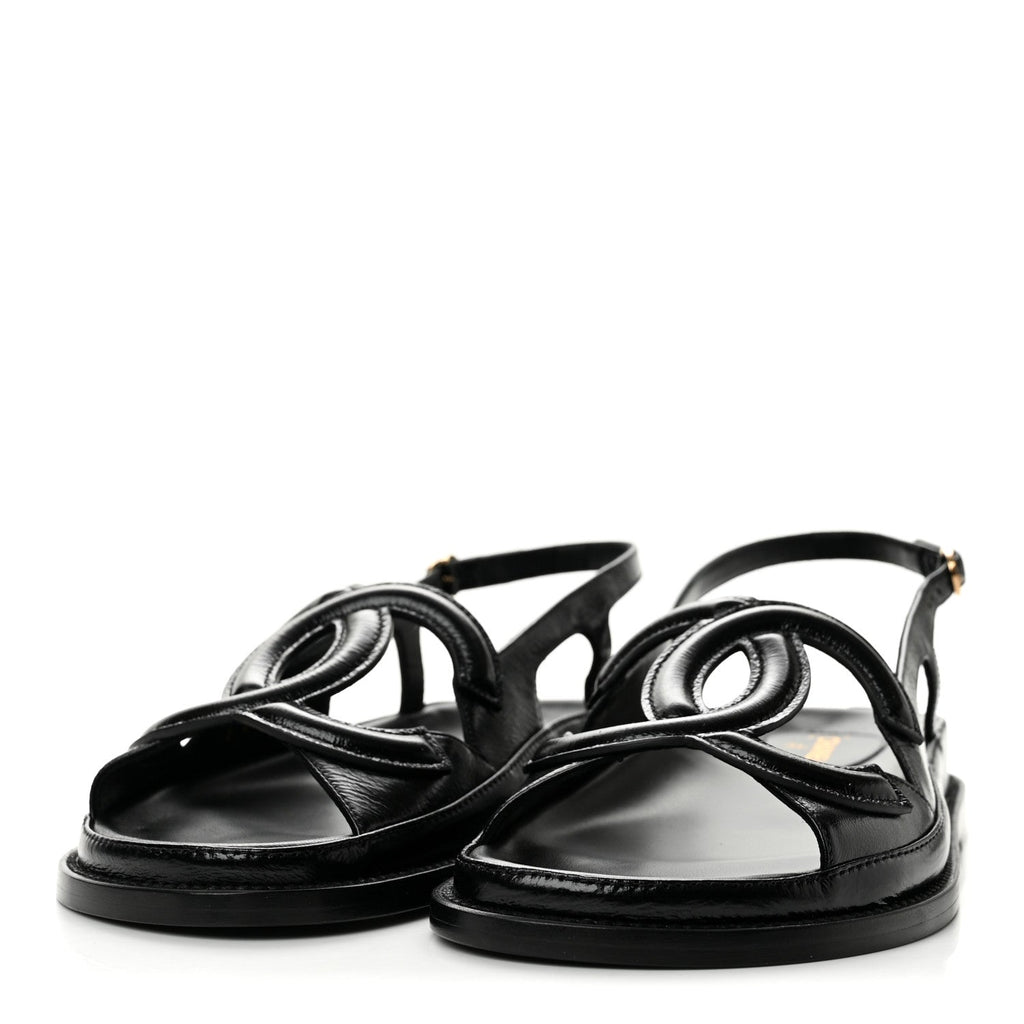 Chanel Crumpled Shiny Lambskin Women's CC Cut Out Dad Sandals 39 Black