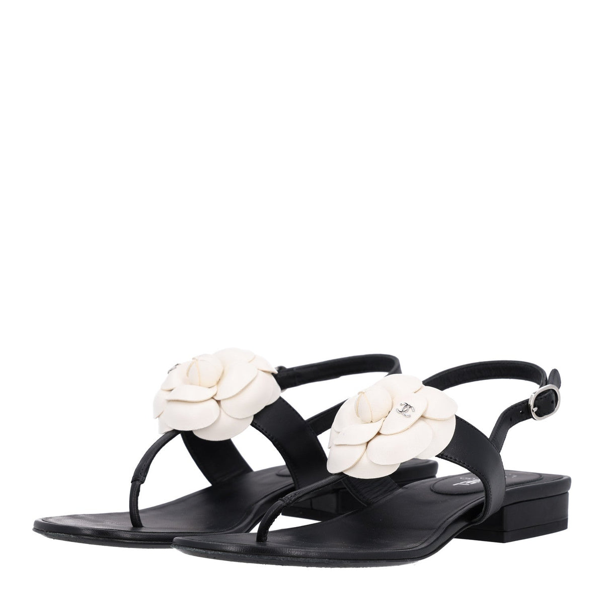 Chanel Lambskin Camellia Women's Thong Sandals 36.5 Black White