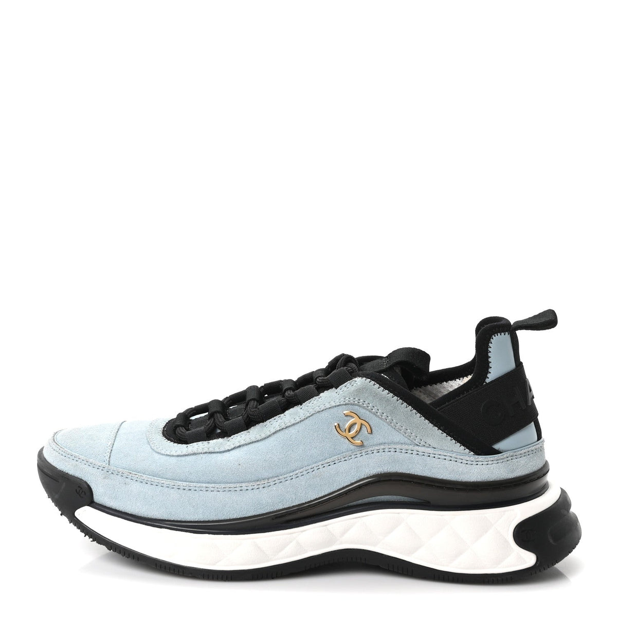 Chanel Suede Calfskin Nylon Grosgrain Women's CC Sneakers 38.5 Light Blue