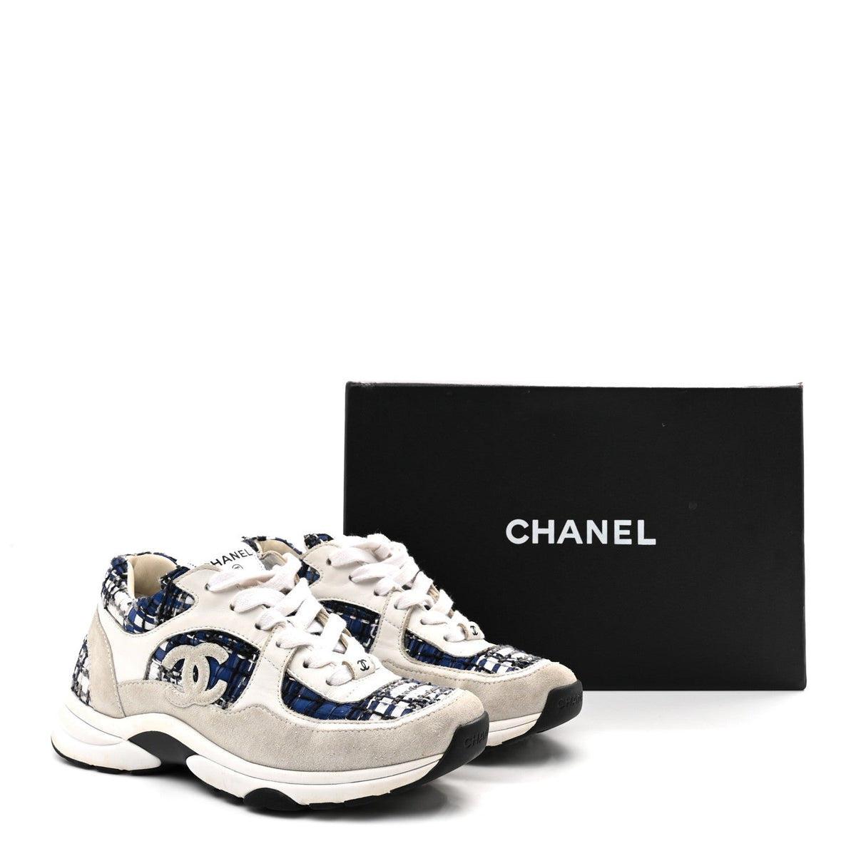 Chanel Tweed Suede Calfskin Women's CC Sneakers 37 Dark Blue Black Grey White