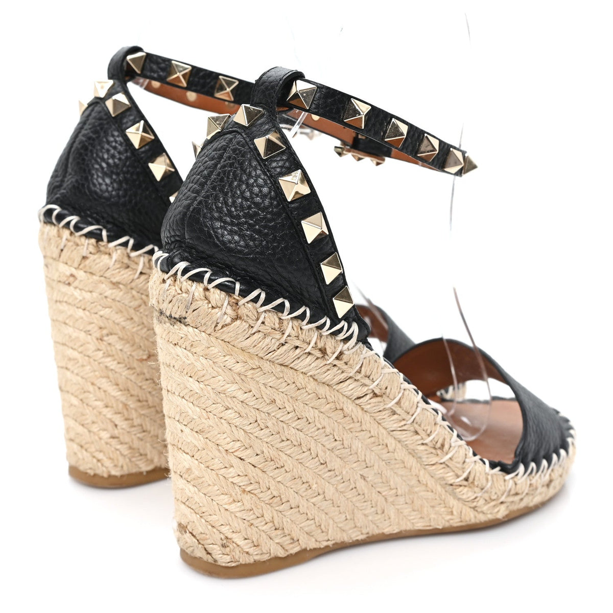 Valentino Garavani Grained Calfskin Women's Rockstud Espadrille Wedges 35 Black