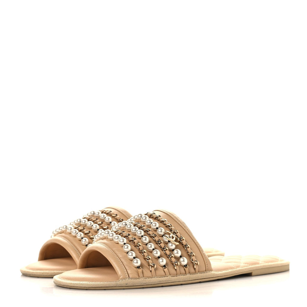 Chanel Lambskin Women's Pearl Chain Flat Slipper Sandals M Beige