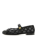 Lambskin Fabric Mesh Quilted Mary Jane Cap Toe Flats Black