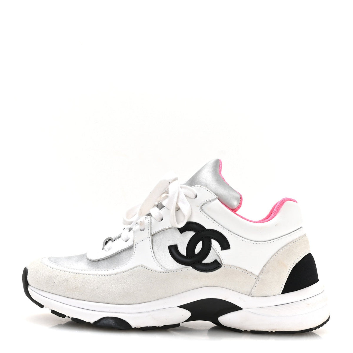 Chanel Calfskin Fabric Women's Sneakers 37.5 White Silver Fluo Pink