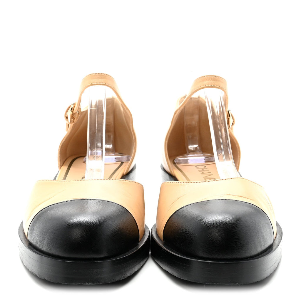 Chanel Shiny Goatskin Women's Mary Jane Flats 38.5 Beige Black