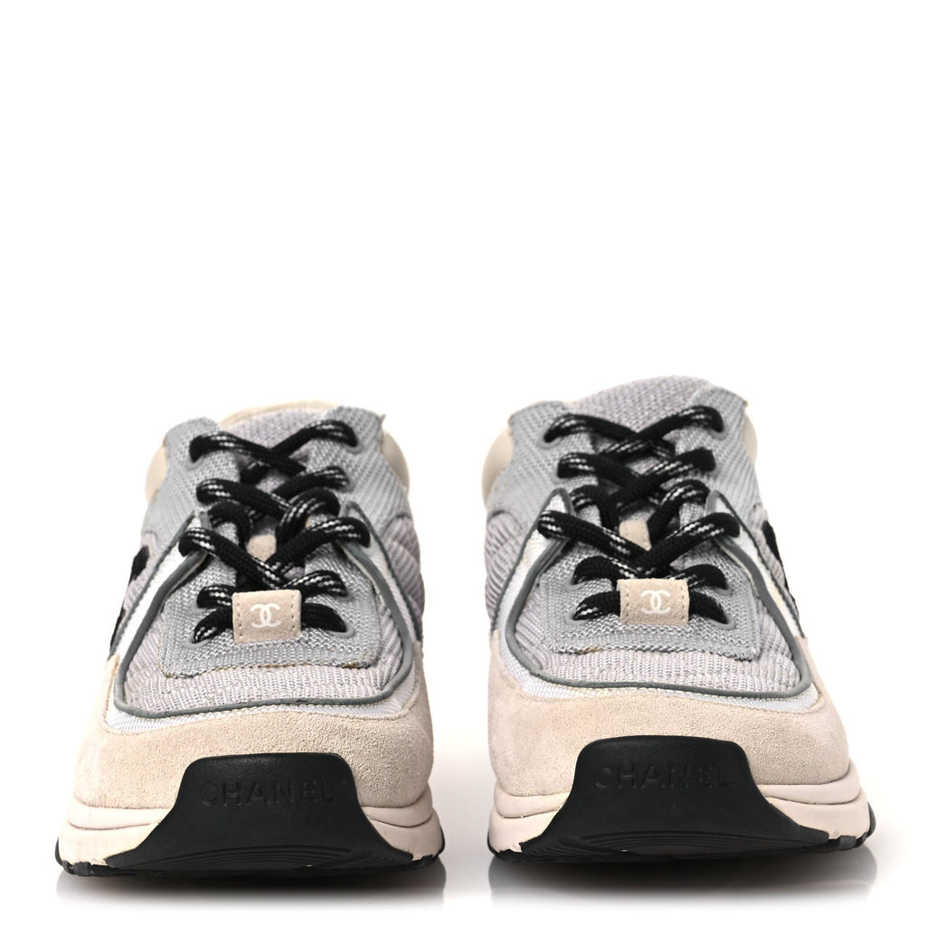 Chanel Mesh Suede Grained Calfskin Women's CC Sneakers 37 Grey White