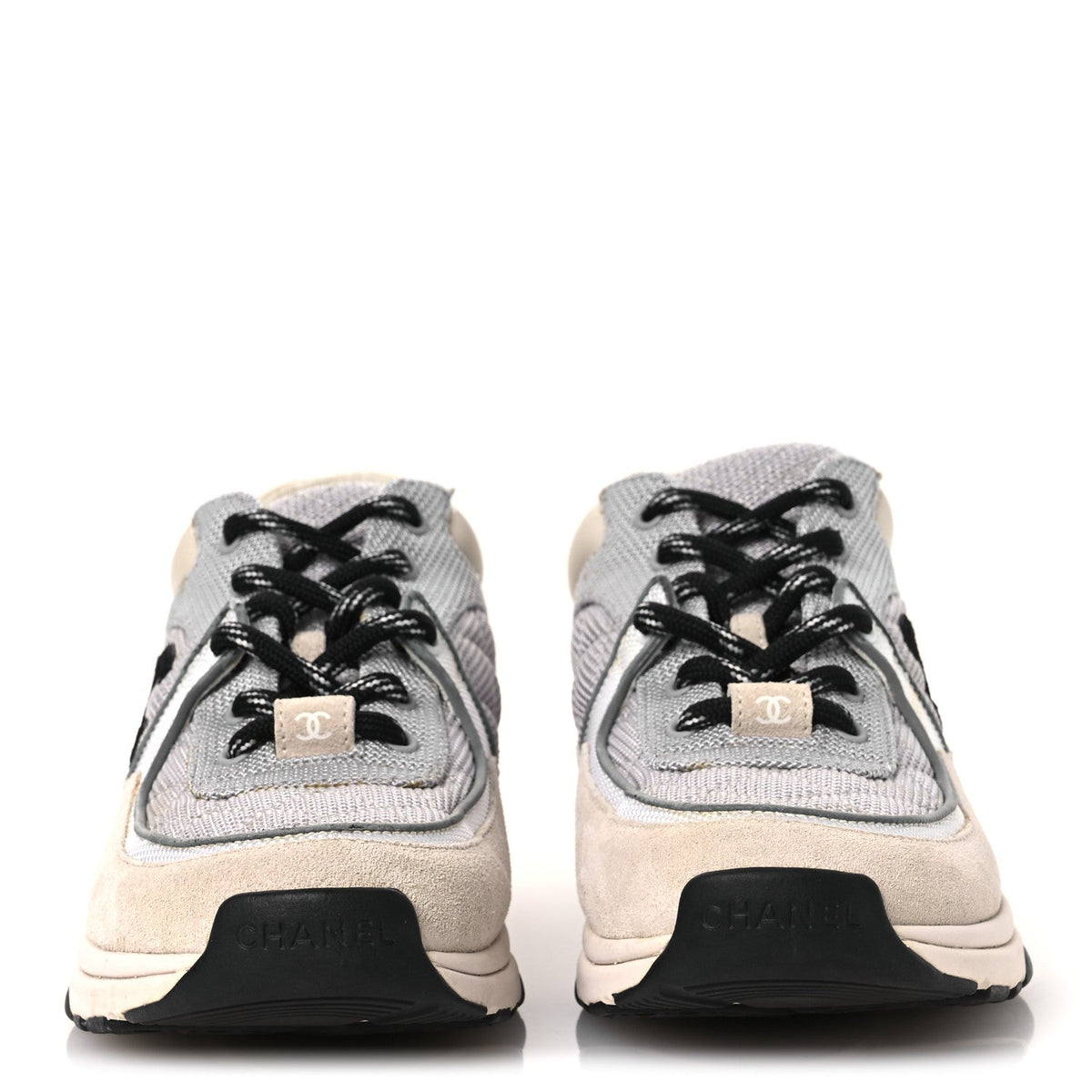 Chanel Mesh Suede Grained Calfskin Women's CC Sneakers 37 Grey White