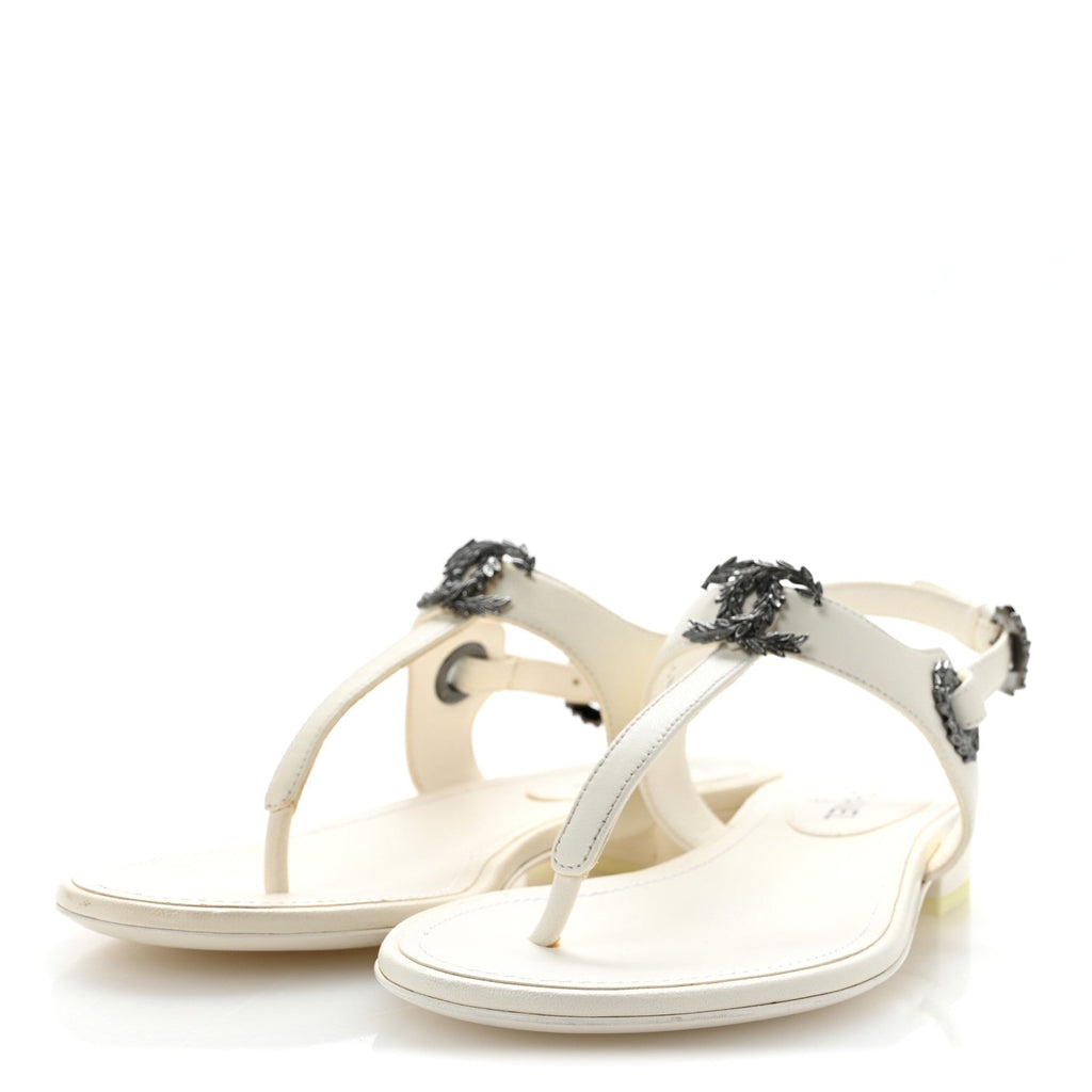 Chanel Lambskin Women's CC Leaf Thong Sandals 36 White