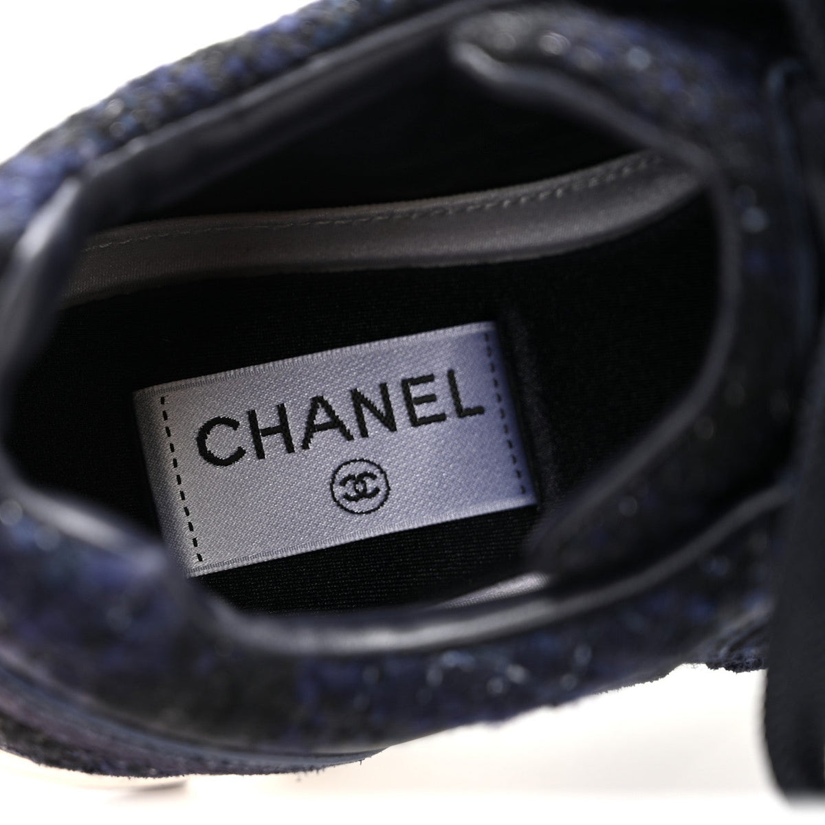 Chanel Tweed Suede Women's CC Sneakers 37.5 Black Blue
