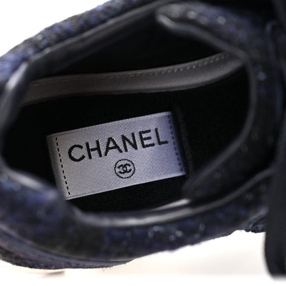 Chanel Tweed Suede Women's CC Sneakers 37.5 Black Blue