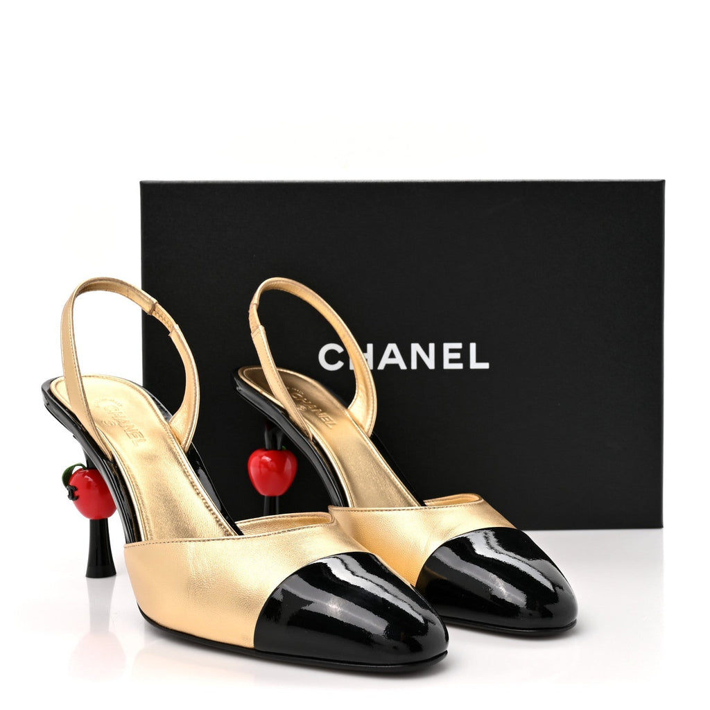 Chanel Lambskin Patent CC Apple Women's Slingback Pumps 41 Gold Black