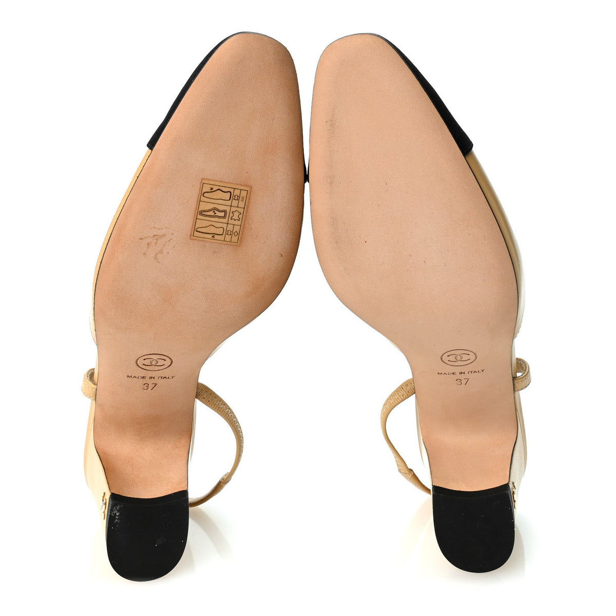 Chanel Goatskin Grosgrain Women's Cap Toe CC Slingback Pumps 37 Beige Black